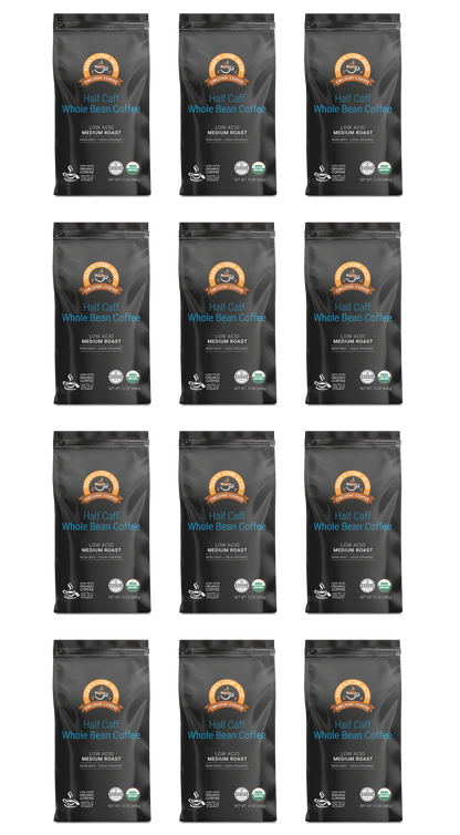 Twelve identical bags of Alex's Low-Acid Organic Coffee™ - Half Caff Whole Bean (12oz) by Alex's Low Acid Coffee are arranged in a 4 by 3 grid on a light background. Each black bag shows the brand logo and certification labels.