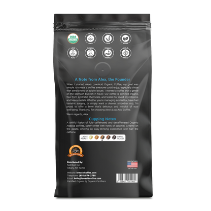 The back of Alex's Low-Acid Organic Coffee™ - Half Caff Whole Bean (12oz) features organic and quality seals, a note from the founder, roast level icons, company info, a USDA Organic seal, and a U.S. flag showing it's made in the USA.