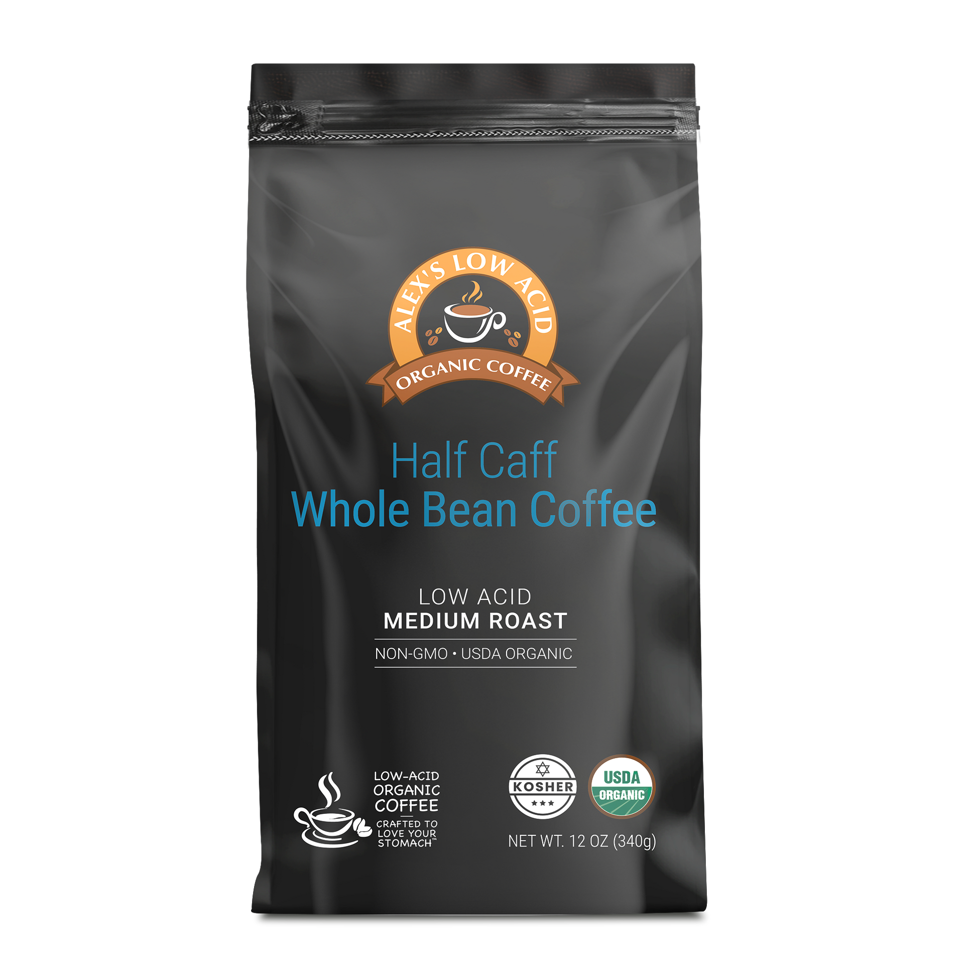 A 12oz black bag of Alex's Low-Acid Organic Coffee™ - Half Caff Whole Bean from Alex's Low Acid Coffee, medium roast, organic, low acid, non-GMO and kosher certified, with white and blue text and logos on the front.