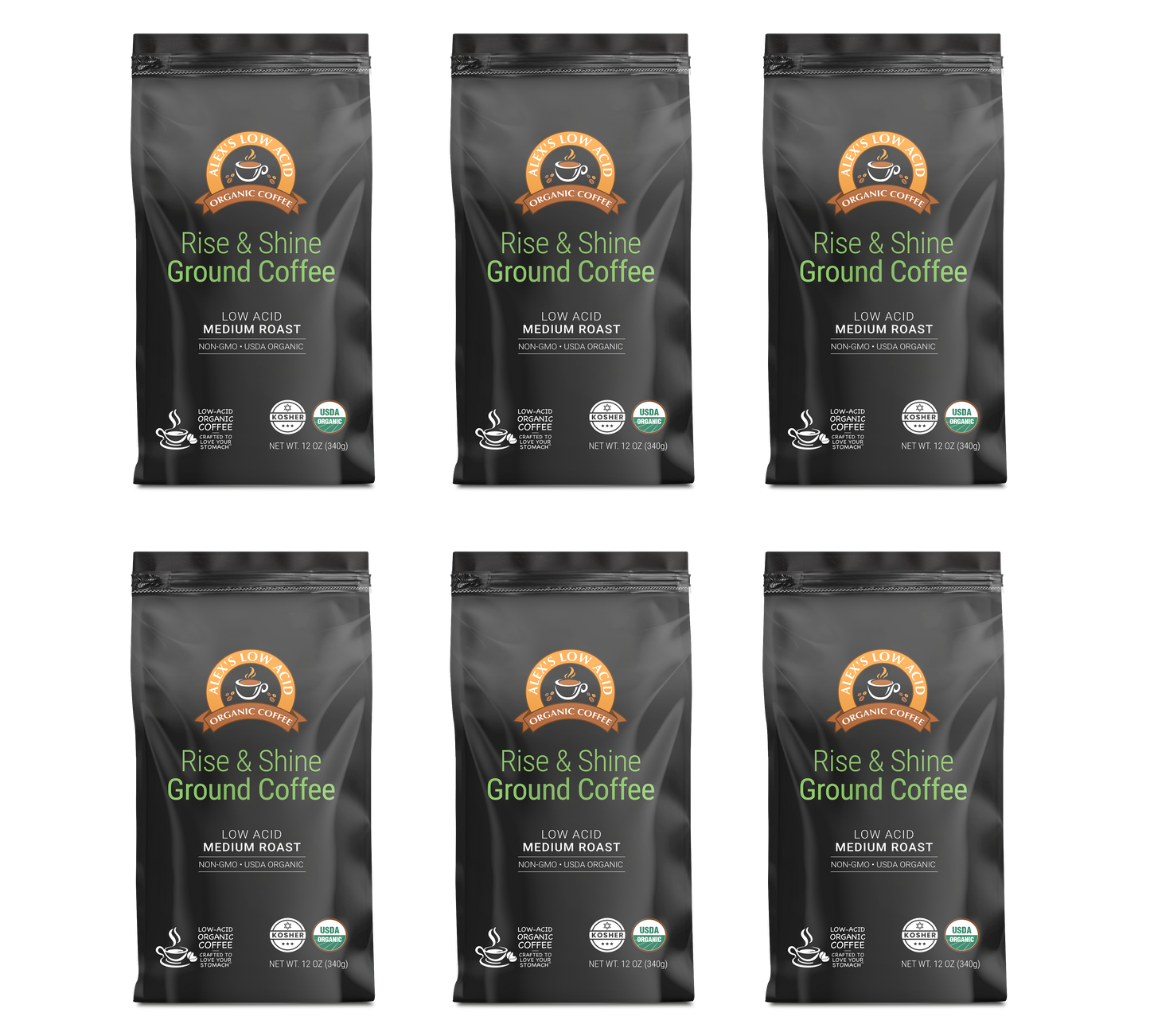 Six black bags of Alex's Low-Acid Organic Coffee™ - Rise and Shine Fresh Ground (12oz) by Alex's Low Acid Coffee, with orange/brown circular logos, marked as gentle on stomach, low acid, medium roast, USDA organic, and fair trade.