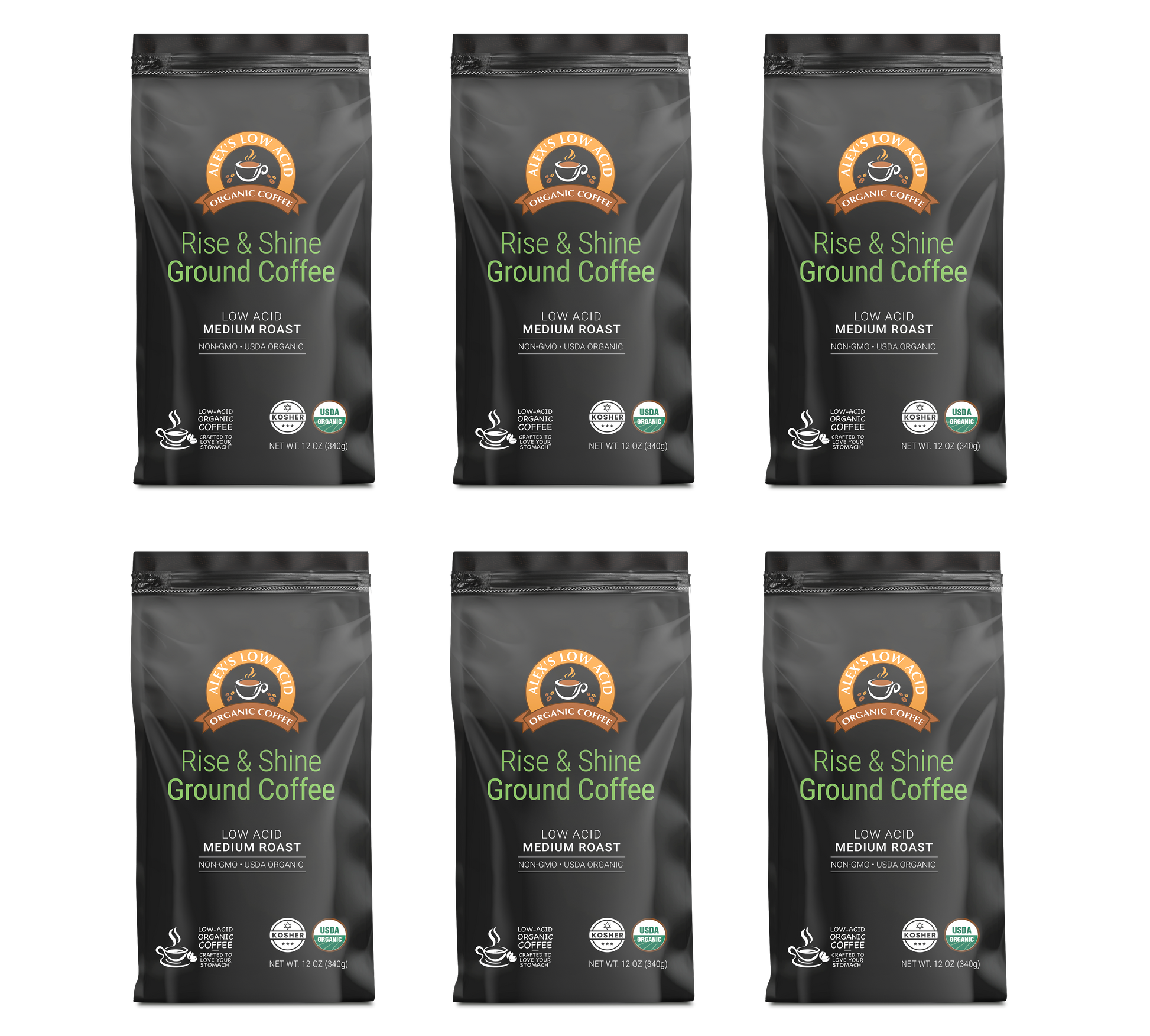Six black bags of Alex's Low-Acid Organic Coffee™ - Rise and Shine Fresh Ground (12oz) by Alex's Low Acid Coffee, with orange/brown circular logos, marked as gentle on stomach, low acid, medium roast, USDA organic, and fair trade.