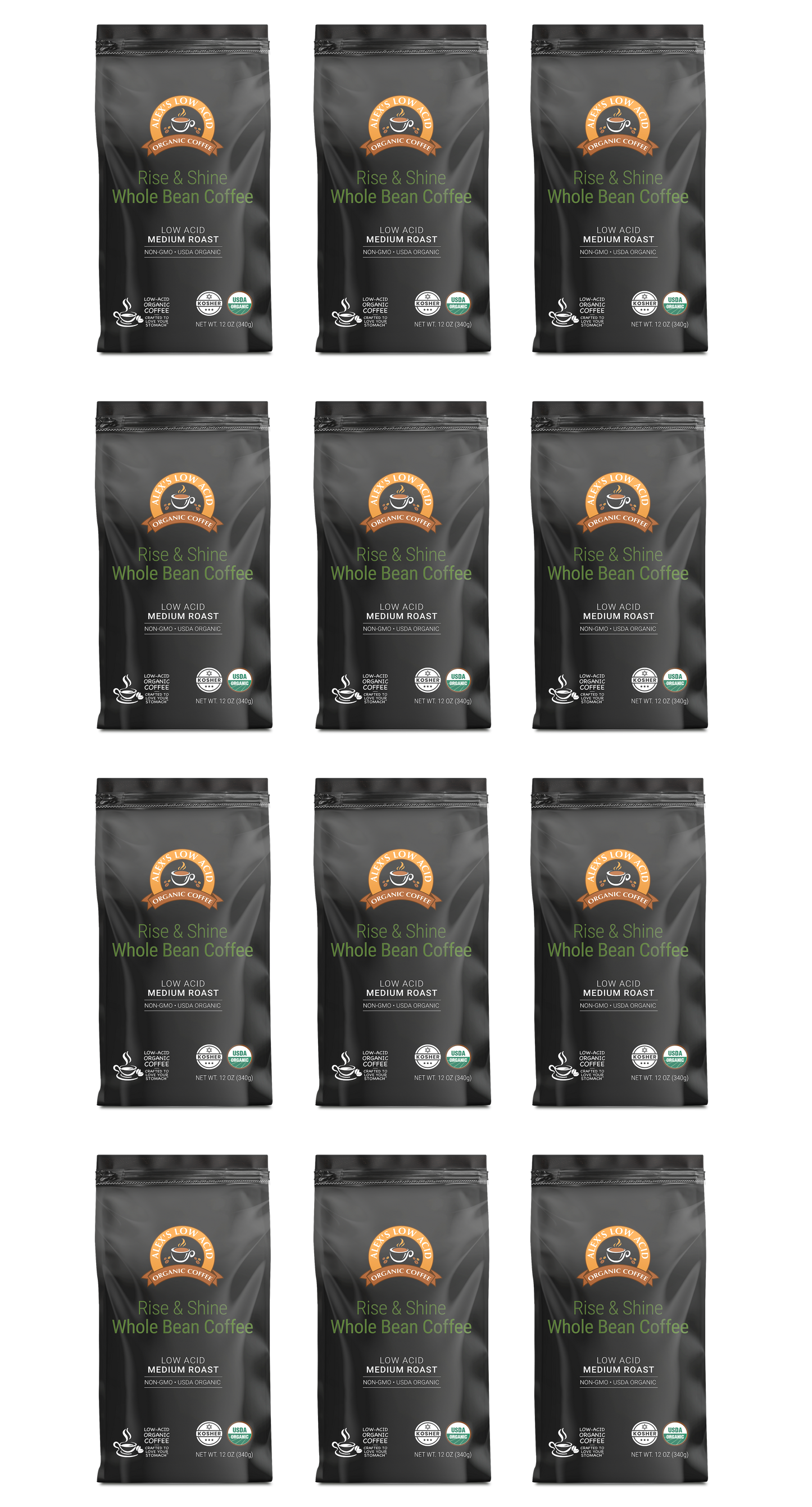 Twelve identical bags of Alex's Low-Acid Organic Coffee™ - Rise and Shine Whole Bean (12oz) by Alex's Low Acid Coffee are arranged in a 4x3 grid on a light background, each black bag displaying a brown and white label with certification icons below.