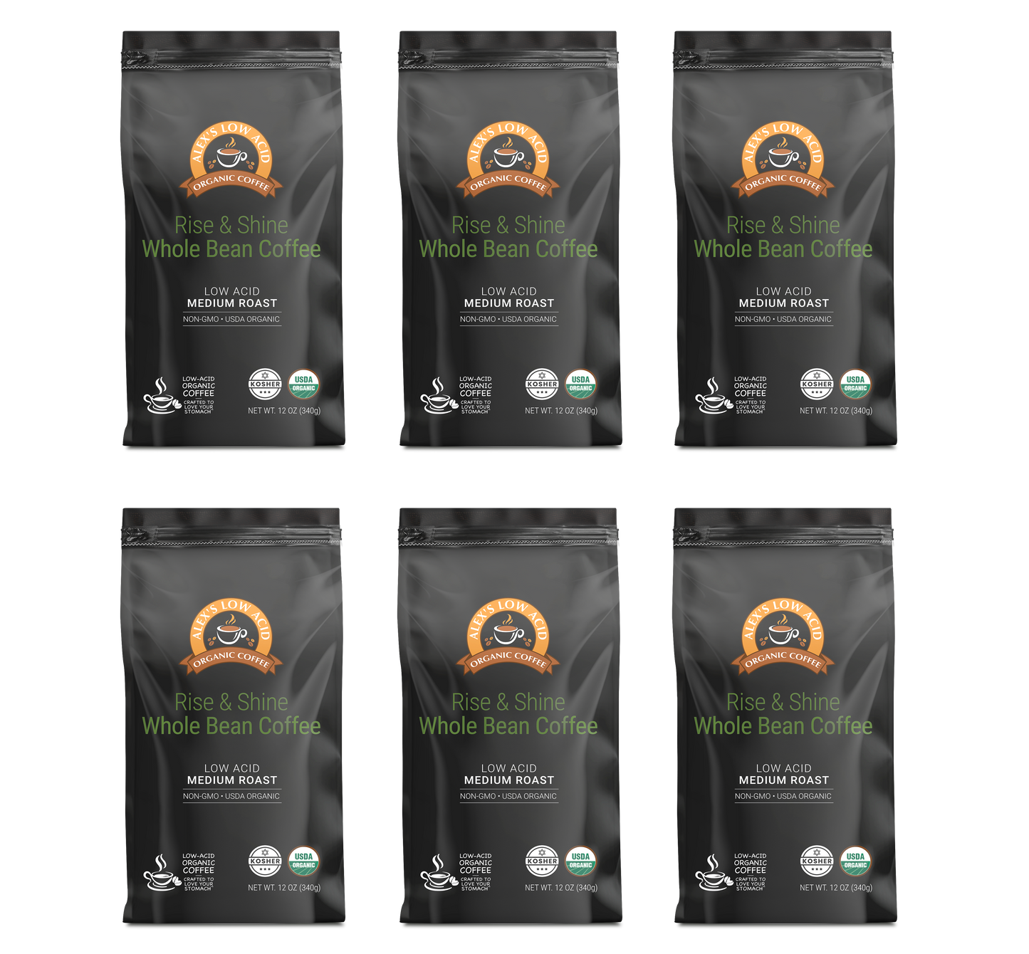 Six bags of Alex’s Low-Acid Organic Coffee™ - Rise and Shine Whole Bean (12oz) by Alex's Low Acid Coffee, with orange and green labels, are arranged in two rows on a white background.