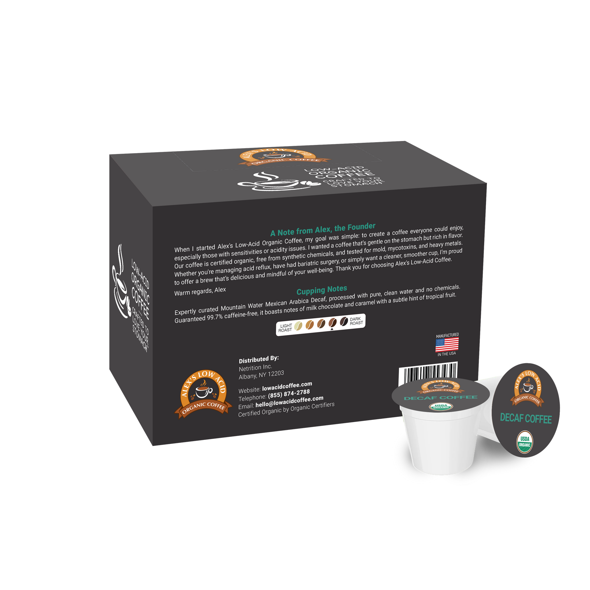 A box of Alex's Low-Acid Organic Coffee™ Single Serve Cups - Decaf by Alex's Low Acid Coffee is shown, featuring product details, a founder’s note, cupping notes, an organic certification label, and a convenient decaf cup.