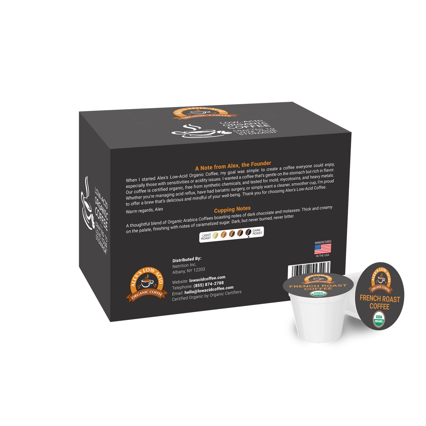 A box of Alex's Low-Acid Organic Coffee™ Single Serve Cups - French Roast by Alex's Low Acid Coffee, featuring branding, a founder’s note, flavor icons, a U.S. flag, and two pods—one sealed and one opened to show the stomach-friendly coffee.