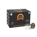 Alex's Low-Acid Organic Coffee™ Single Serve Cups - French Roast by Alex's Low Acid Coffee come in black packaging with orange accents, showing organic and kosher certifications. A coffee pod is pictured next to the box.