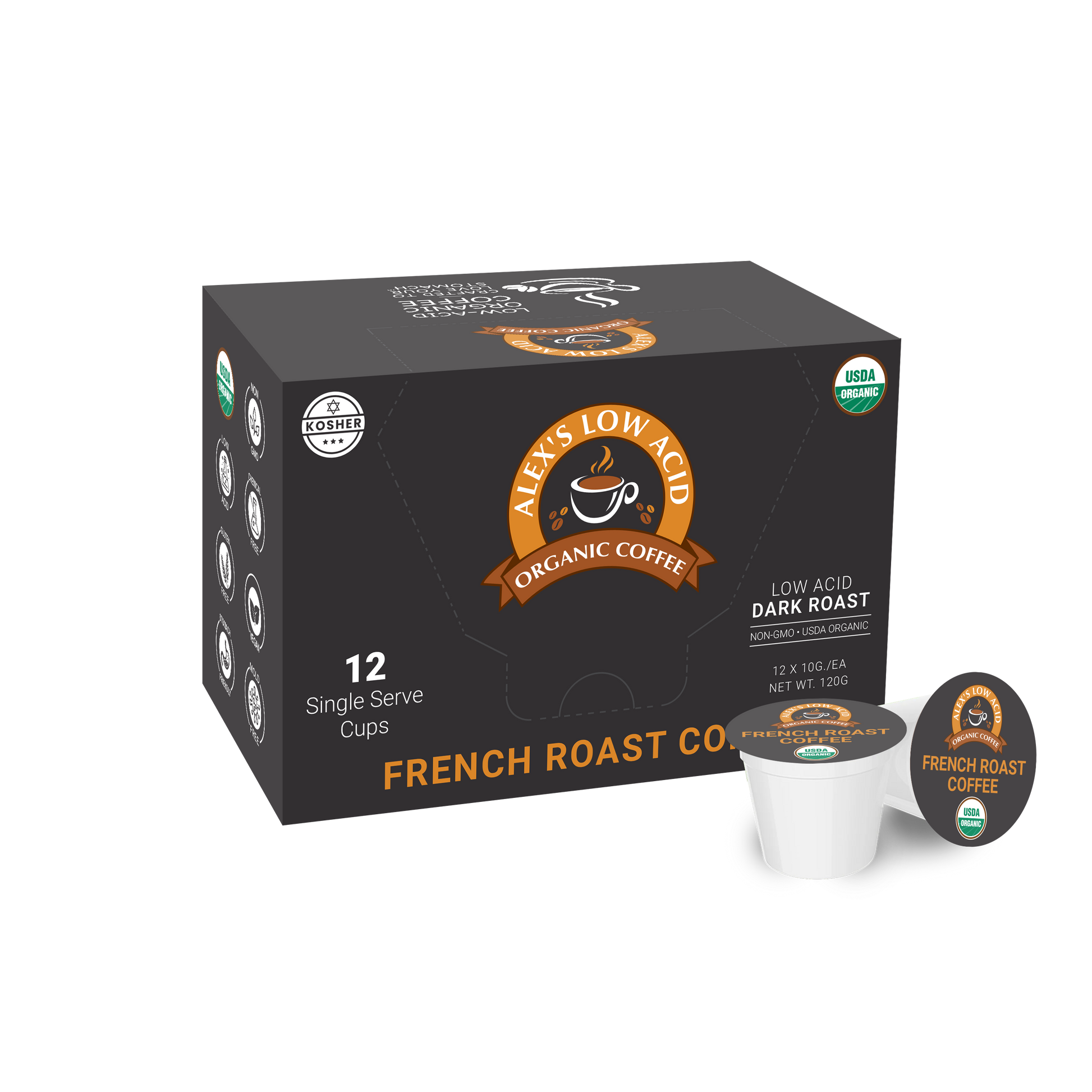 Alex's Low-Acid Organic Coffee™ Single Serve Cups - French Roast by Alex's Low Acid Coffee come in black packaging with orange accents, showing organic and kosher certifications. A coffee pod is pictured next to the box.