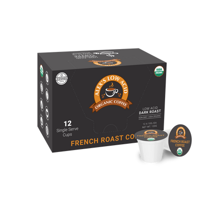 Alex's Low-Acid Organic Coffee™ Single Serve Cups - French Roast by Alex's Low Acid Coffee come in black packaging with orange accents, showing organic and kosher certifications. A coffee pod is pictured next to the box.