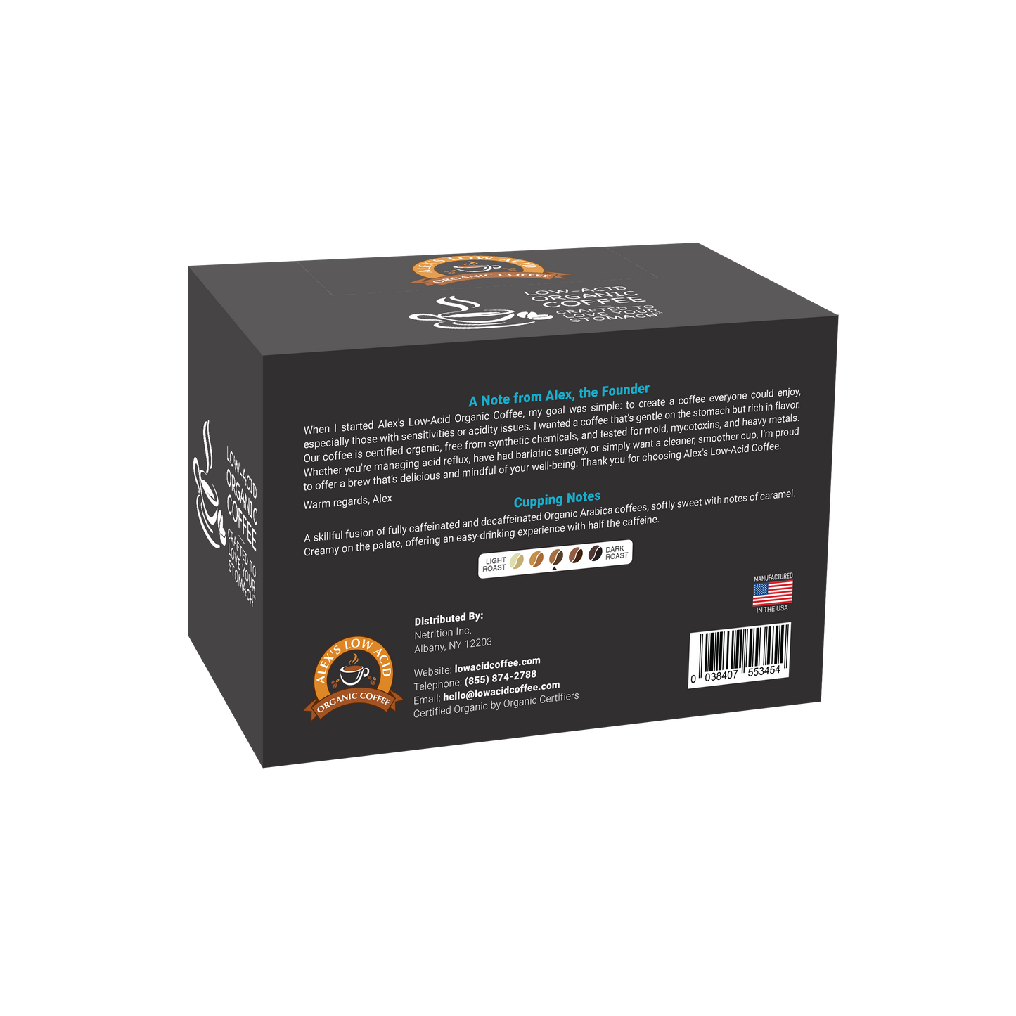 A black box of Alex's Low-Acid Organic Coffee™ Single Serve Cups - Half Caff by Alex's Low Acid Coffee, with a coffee cup logo, U.S. flag, low acid icons, brand story, tasting notes (sweetness, acidity, body), and certification details.