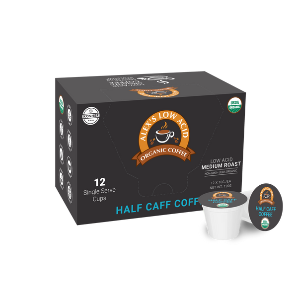 Alex's Low-Acid Organic Coffee™ Single Serve Cups - Half Caff