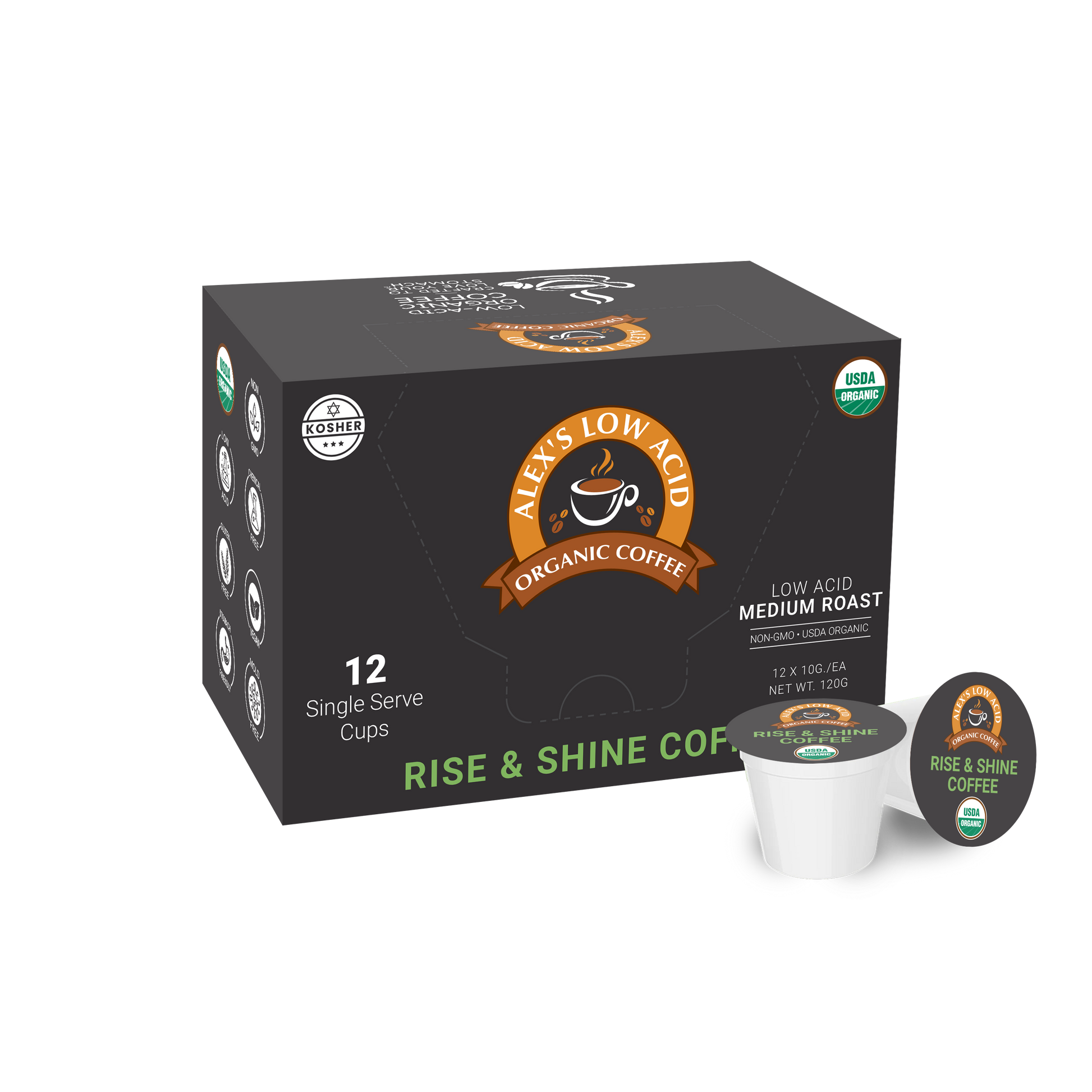 Alex's Low-Acid Organic Coffee™ Single Serve Cups - Rise & Shine (12 count) by Alex's Low Acid Coffee, medium roast. The black box features an orange-brown logo, kosher and USDA organic labels. Two low-acid pods are shown beside the box.