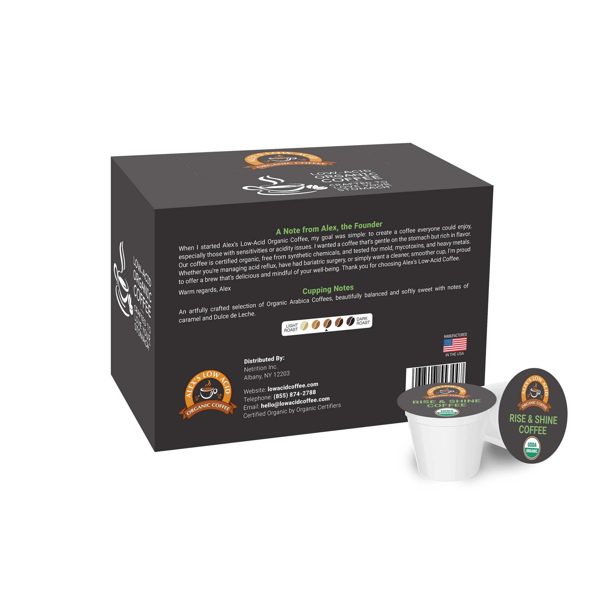 A box of Alex’s Low-Acid Organic Coffee™ Single Serve Cups - Rise & Shine from Alex's Low Acid Coffee sits on a white surface, with one pod in front showing the “Rise & Shine” label. The box displays product info and tasting notes.