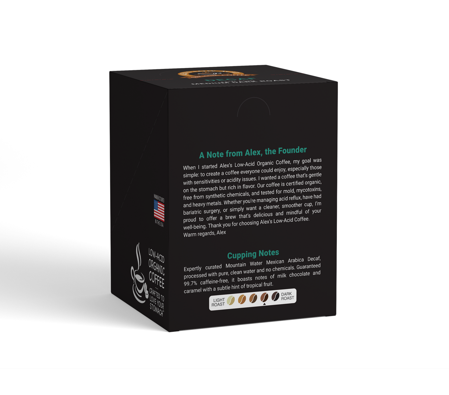 A black box of Alex's Low-Acid Organic Coffee™ Decaf Coffee Steep Bags features the founder’s note, an American flag, USDA organic seal, and cupping notes for a light roast organic arabica decaf with dark peach flavors.