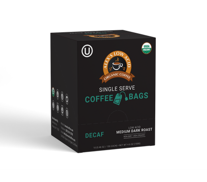 A black box of Alex's Low-Acid Organic Coffee™ Decaf Coffee Steep Bags features low-acid organic decaf Arabica coffee. It displays certification logos, product name, and green and orange accents on a white background.