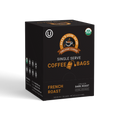 A black box of Alex's Low-Acid Organic Coffee™ French Roast Coffee Steep Bags features gold and white text, USDA Organic and Kosher symbols, and contains 10 single-serve tea bag style bags for a rich, low-acid brew.