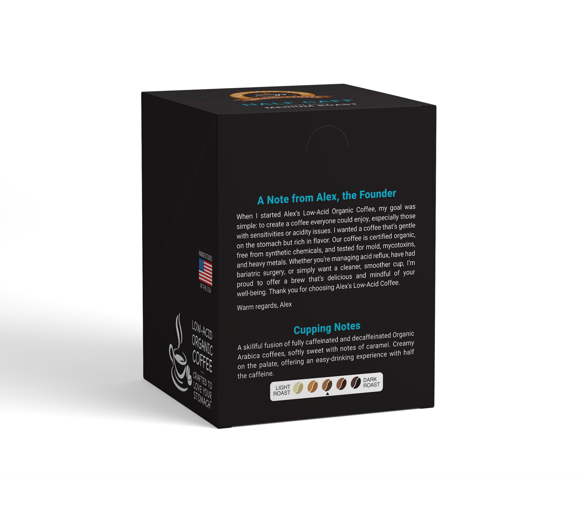 A black box of Alex's Low-Acid Organic Coffee™ Half Caff Coffee Steep Bags features a founder’s note, US flag, recycling symbol, and “Low Acid Coffee” text; cupping notes and roast icons appear bottom right with white-edged highlights.