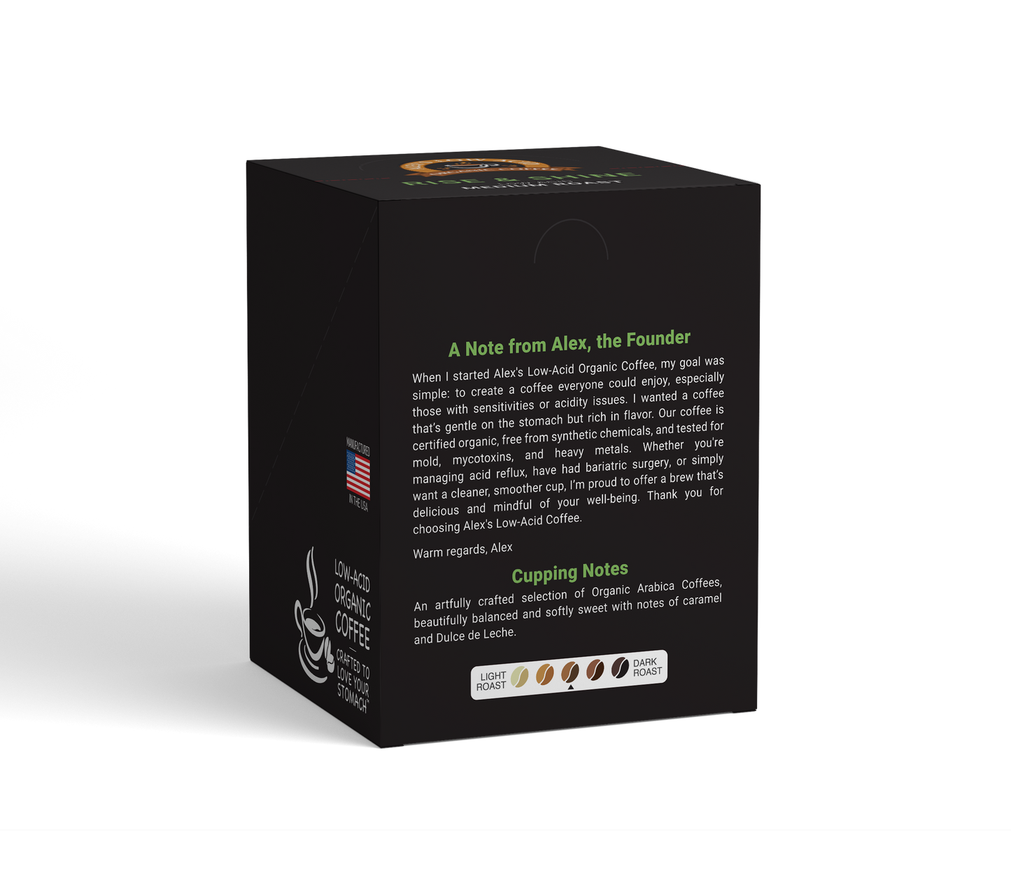 Alex's Low-Acid Organic Coffee™ Rise & Shine Coffee Steep Bags come in a black box with a founder's note, U.S. flag, USDA Organic seal, coffee cup icon, and a roast bar—ideal for those wanting smooth, low-acid coffee in convenient single-serve bags.