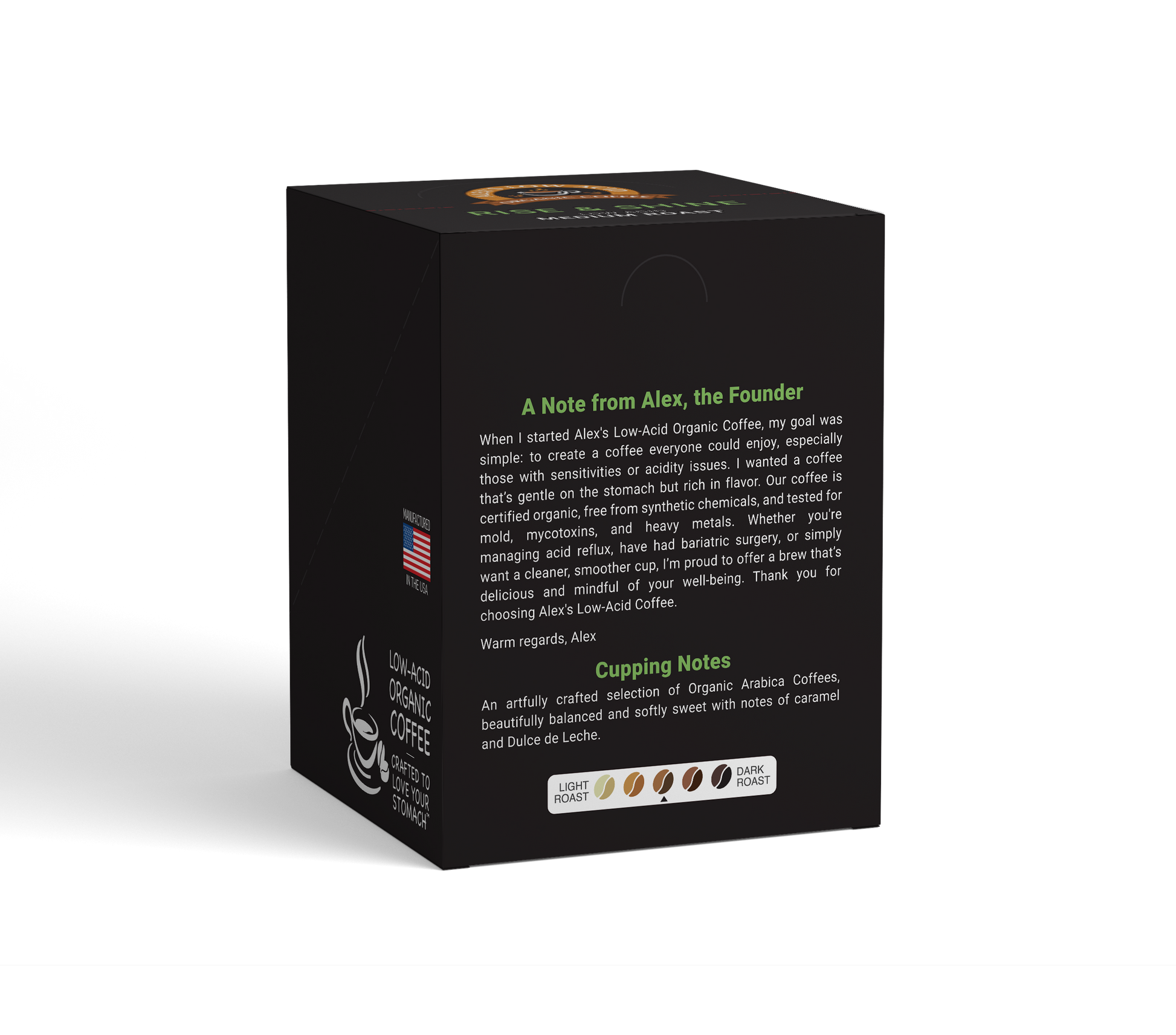 Alex's Low-Acid Organic Coffee™ Rise & Shine Coffee Steep Bags come in a black box with a founder's note, U.S. flag, USDA Organic seal, coffee cup icon, and a roast bar—ideal for those wanting smooth, low-acid coffee in convenient single-serve bags.