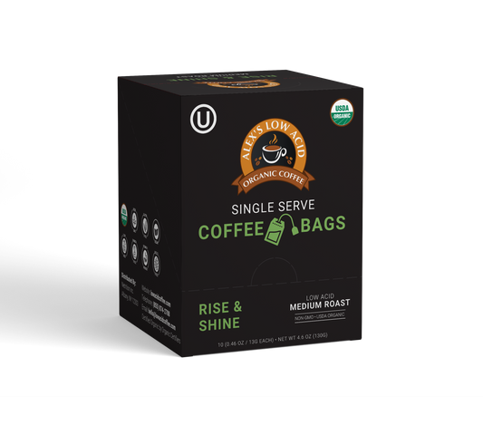 Alex's Low-Acid Organic Coffee™ Rise & Shine Coffee Steep Bags (Tea Bag Style) offer a smooth, low-acid, medium roast brew with USDA organic certification—perfect for coffee lovers seeking quality and convenience.