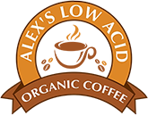 Alex's Low-Acid Organic Coffee logo with a steaming cup and coffee beans