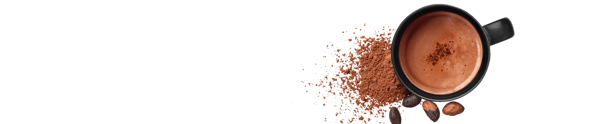 A black mug filled with hot chocolate sits on a white background, surrounded by cocoa powder and cocoa beans.