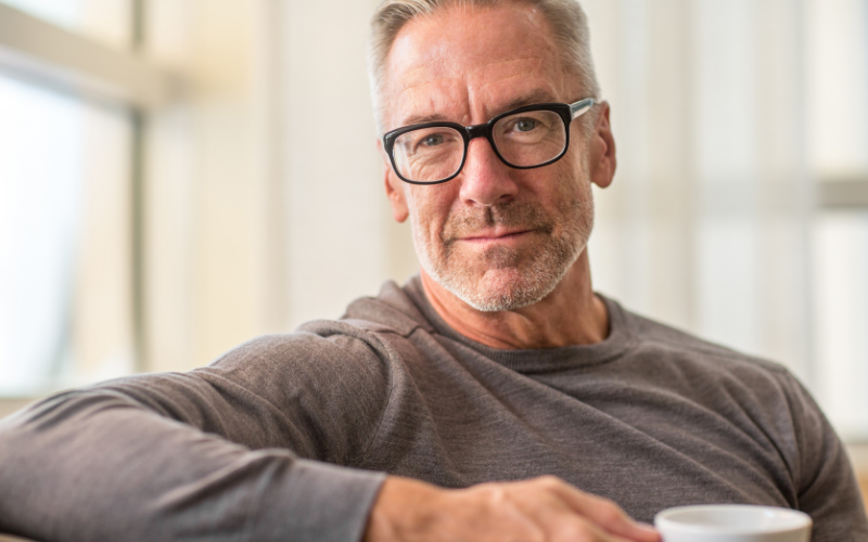 Man wearing glasses and a gray sweater holding a white mug indoors.