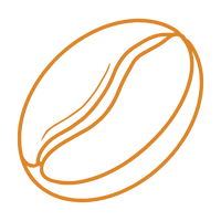 A simple line drawing of a coffee bean, featuring a smooth oval shape with a curved line representing the bean's split.