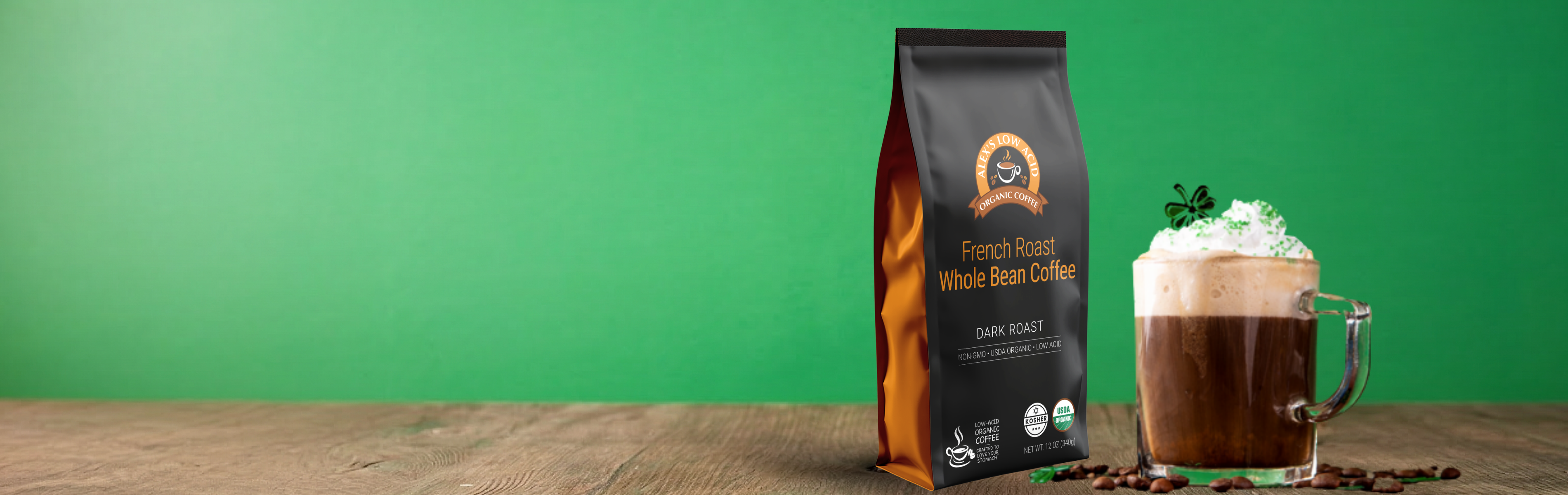 Coffee bag and cup with green background