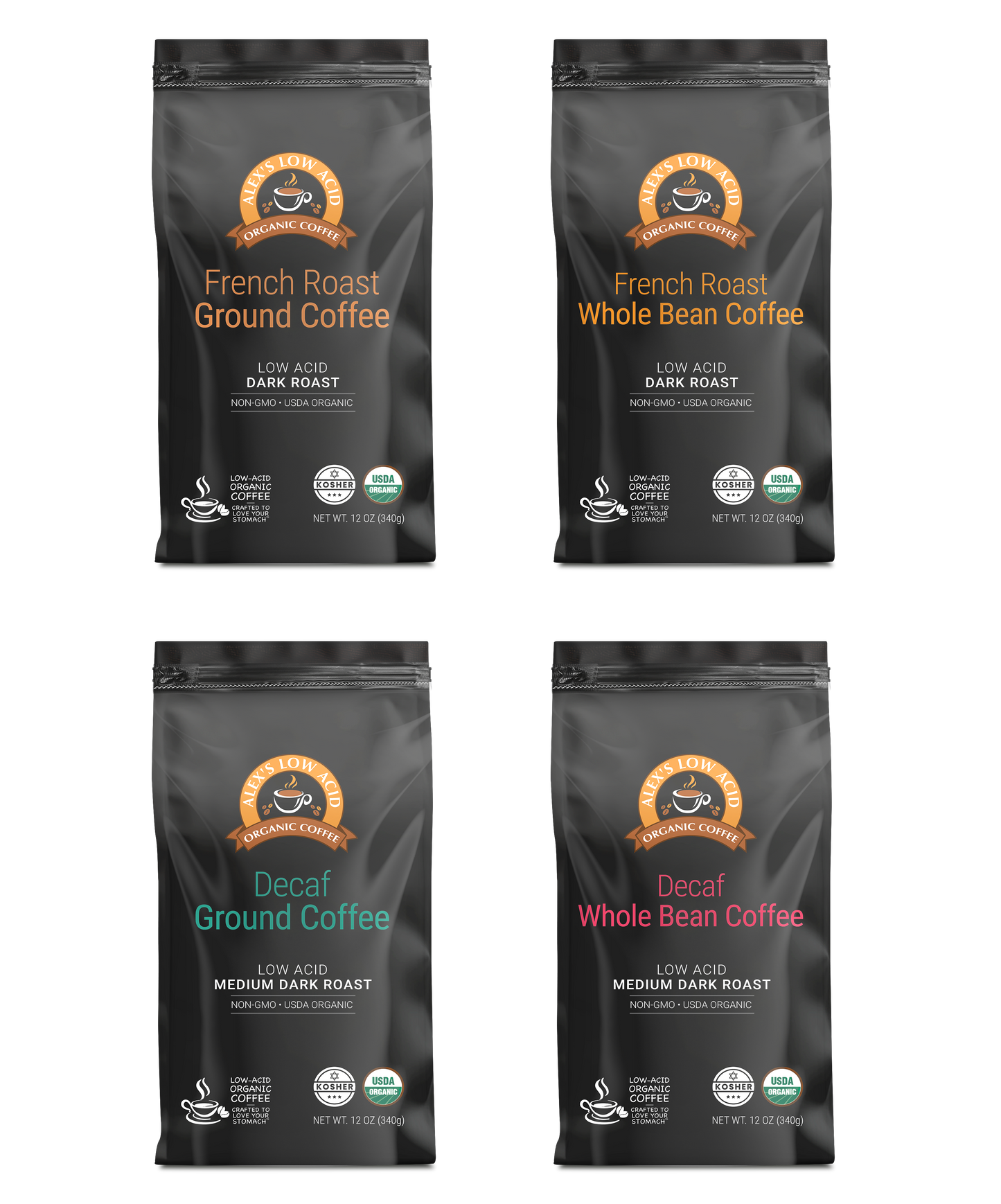 Alex's Low Acid Coffee™ 4-Bag Variety Pack (12oz) features four black bags—French Roast Ground, French Roast Whole Bean, Decaf Ground, and Organic Decaf Whole Bean—each with unique brown or teal-accented labels.