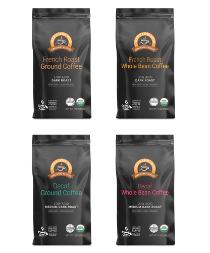 Alex's Low Acid Coffee™ 4-Bag Variety Pack (12oz) features four black bags—French Roast Ground, French Roast Whole Bean, Decaf Ground, and Organic Decaf Whole Bean—each with unique brown or teal-accented labels.