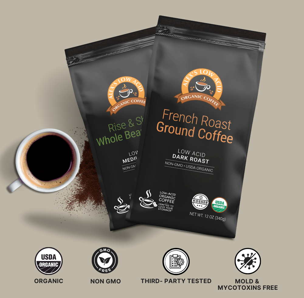 Two bags of Alex's Low Acid Organic Coffee are displayed, featuring "Rise & Shine Whole Bean" and "French Roast Ground Coffee," alongside a cup of coffee and icons highlighting organic and non-GMO certifications.