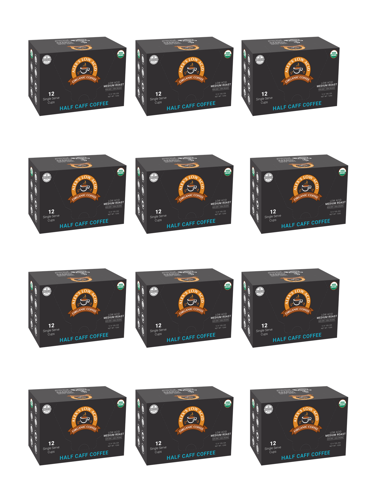 Twelve boxes of Alex's Low-Acid Organic Coffee™ Single Serve Cups - Half Caff by Alex's Low Acid Coffee are arranged in a grid on a white background. Each black box shows an orange logo and states 12 low-acid, single-serve cups per box.