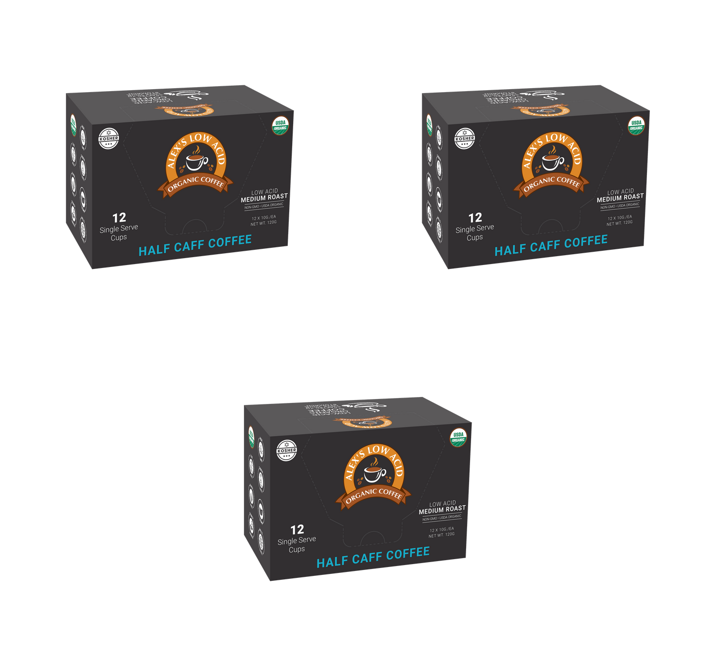 A group of boxes with text, featuring Alex's Low-Acid Organic Coffee™ Single Serve Cups - Half Caff by Alex's Low Acid Coffee for convenient, low acid, organic half caff coffee.