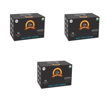 A group of boxes with text, featuring Alex's Low-Acid Organic Coffee™ Single Serve Cups - Half Caff by Alex's Low Acid Coffee for convenient, low acid, organic half caff coffee.