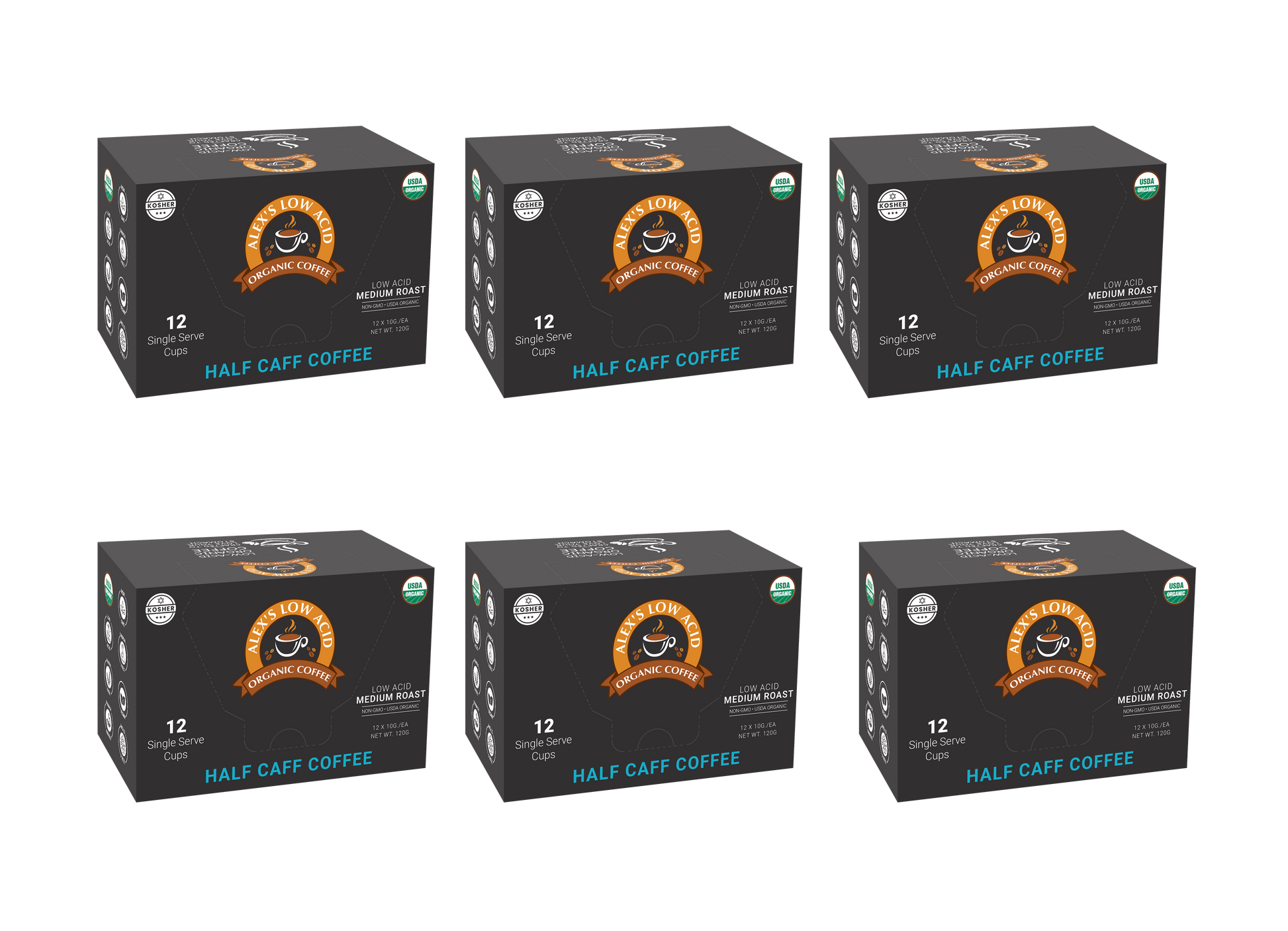 Six boxes of Alex's Low-Acid Organic Coffee™ Single Serve Cups - Half Caff (12 cups per box) from Alex's Low Acid Coffee are arranged in two rows of three. The black packaging features orange and blue accents against a white background.