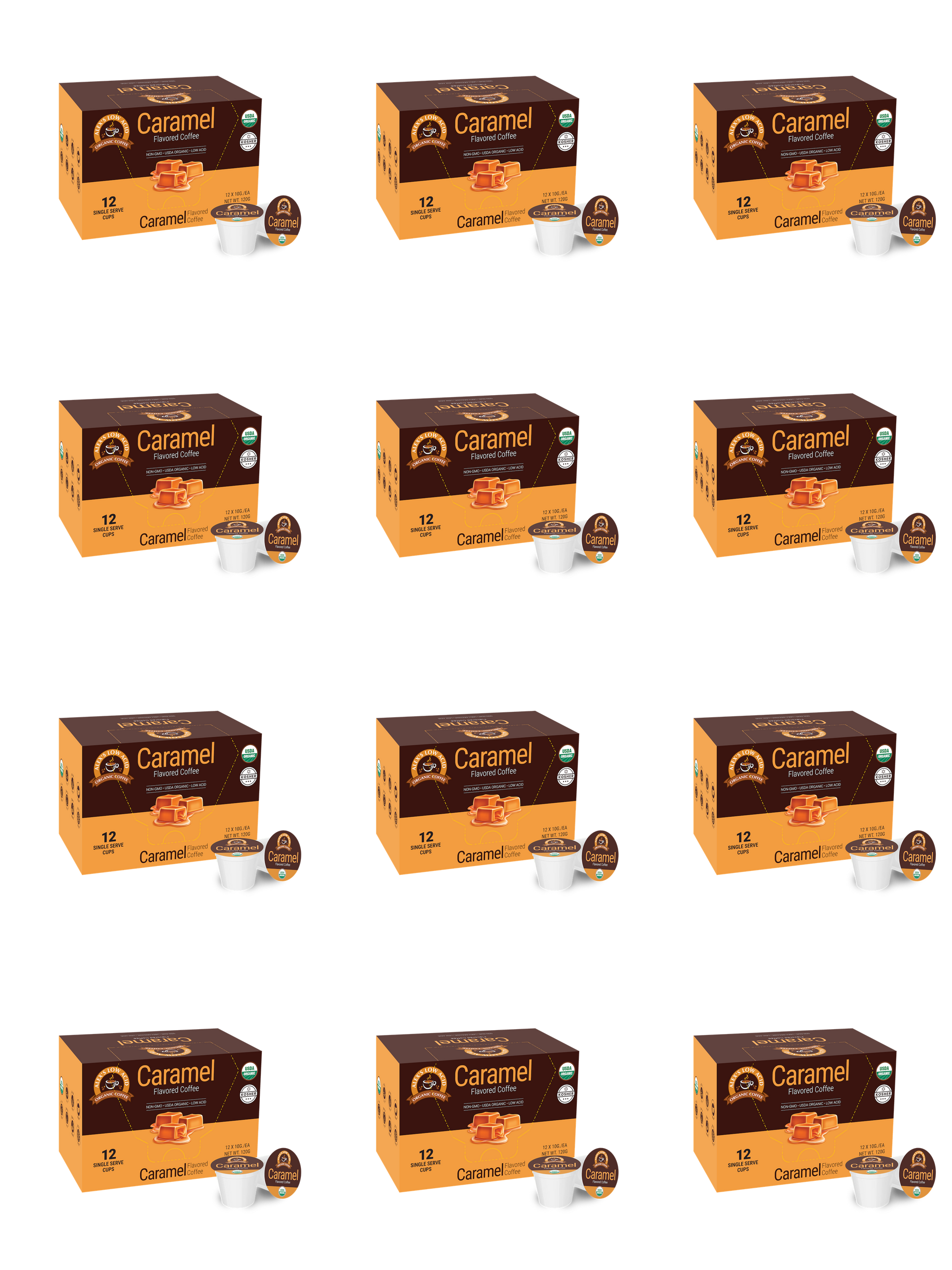 Twelve Alex's Low Acid Organic Coffee™ Single Serve Flavored Cups - Caramel are arranged in a 3x4 grid. The brown and orange boxes with caramel squares offer a low acid, organic treat from Alex's Low Acid Coffee.
