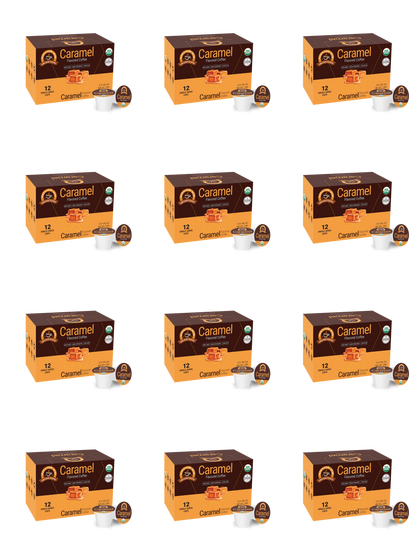 Twelve Alex's Low Acid Organic Coffee™ Single Serve Flavored Cups - Caramel are arranged in a 3x4 grid. The brown and orange boxes with caramel squares offer a low acid, organic treat from Alex's Low Acid Coffee.