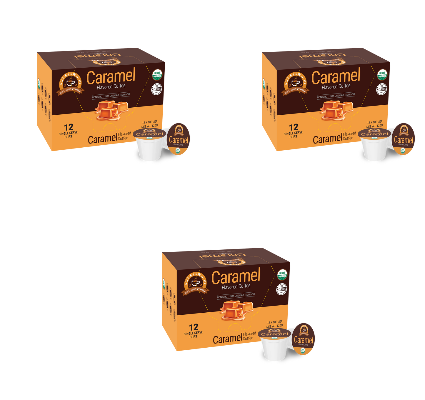 Three boxes of Alex's Low Acid Organic Coffee™ Single Serve Flavored Cups - Caramel from Alex's Low Acid Coffee are shown with pods and lids in front. Each box contains 12 organic, low acid pods ideal for those needing coffee for heartburn.