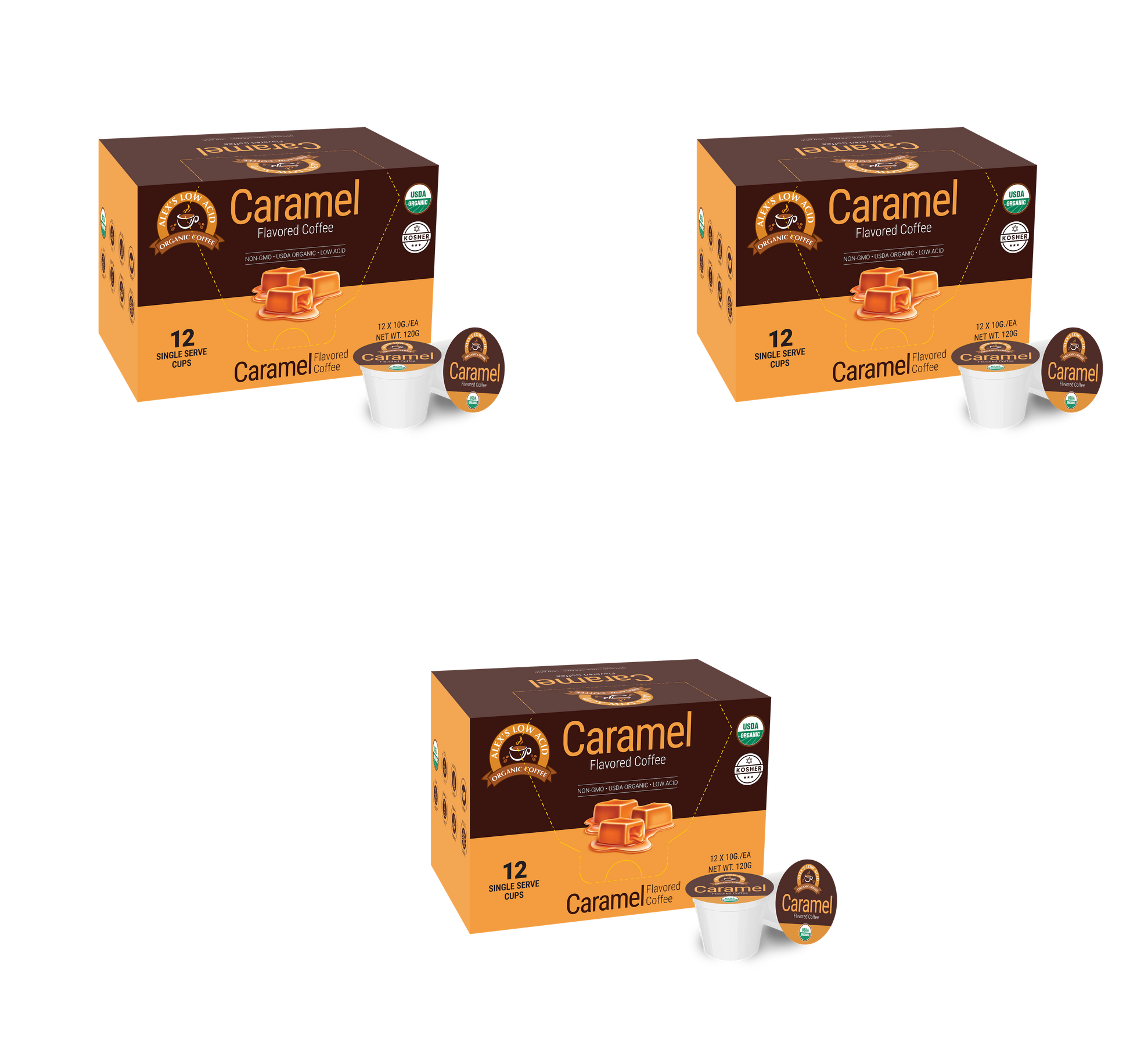 Three boxes of Alex's Low Acid Organic Coffee™ Single Serve Flavored Cups - Caramel from Alex's Low Acid Coffee are shown with pods and lids in front. Each box contains 12 organic, low acid pods ideal for those needing coffee for heartburn.