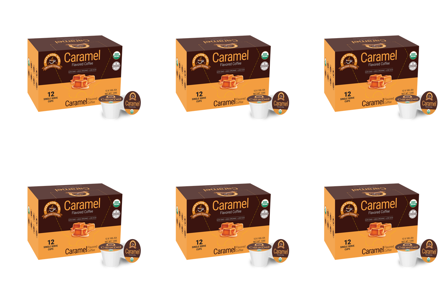Six boxes of Alex's Low Acid Organic Coffee™ Single Serve Flavored Cups - Caramel are displayed in two rows of three. Each box contains 12 pods with caramel imagery—ideal for those seeking organic, low acid coffee from Alex's Low Acid Coffee.