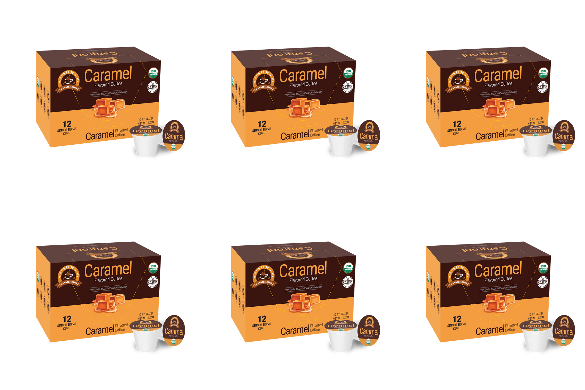 Six boxes of Alex's Low Acid Organic Coffee™ Single Serve Flavored Cups - Caramel are displayed in two rows of three. Each box contains 12 pods with caramel imagery—ideal for those seeking organic, low acid coffee from Alex's Low Acid Coffee.