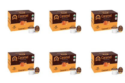 Six boxes of Alex's Low Acid Organic Coffee™ Single Serve Flavored Cups - Caramel are displayed in two rows of three. Each box contains 12 pods with caramel imagery—ideal for those seeking organic, low acid coffee from Alex's Low Acid Coffee.