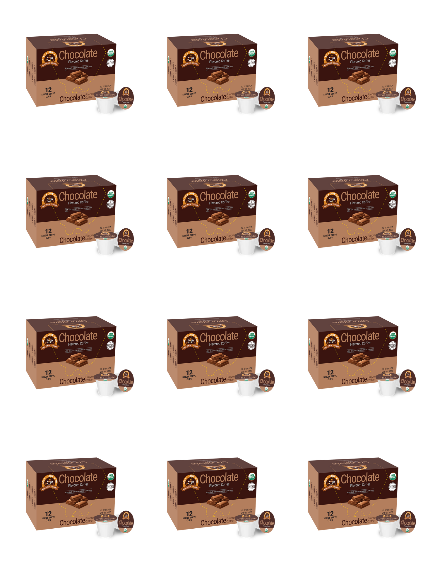 Twelve boxes of Alex's Low-Acid Organic Coffee™ Single Serve Flavored Cups - Chocolate are arranged in a 4x3 grid. Each features a pod and white cup—perfect for chocolate lovers seeking smooth, low-acid single serve coffee.