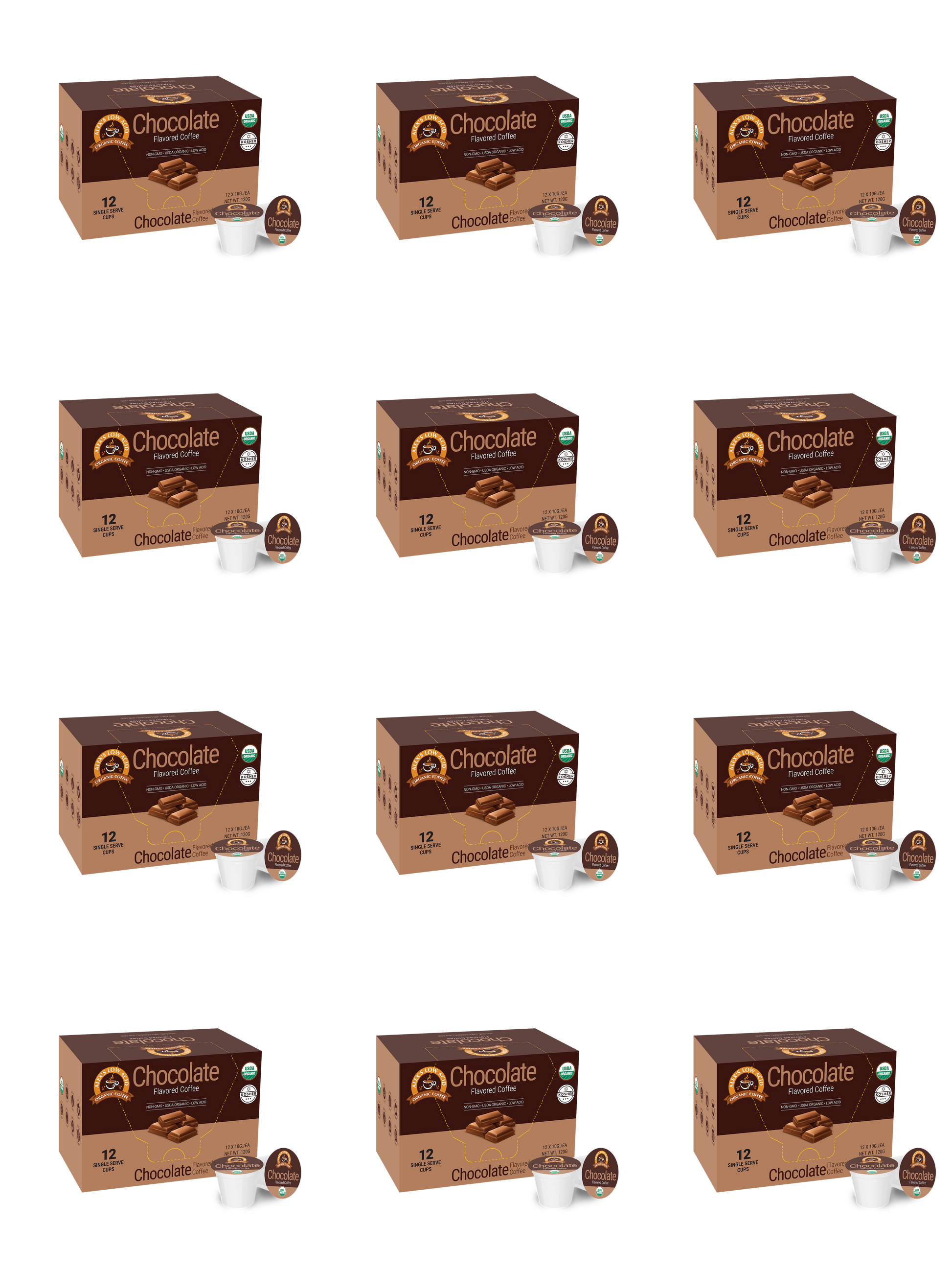 Twelve boxes of Alex's Low-Acid Organic Coffee™ Single Serve Flavored Cups - Chocolate are arranged in a 4x3 grid. Each features a pod and white cup—perfect for chocolate lovers seeking smooth, low-acid single serve coffee.