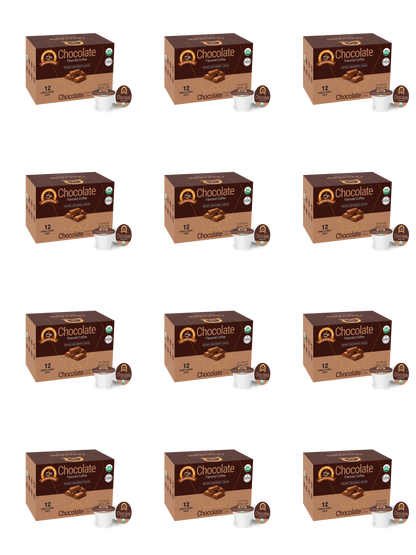 Twelve boxes of Alex's Low-Acid Organic Coffee™ Single Serve Flavored Cups - Chocolate are arranged in a 4x3 grid. Each features a pod and white cup—perfect for chocolate lovers seeking smooth, low-acid single serve coffee.
