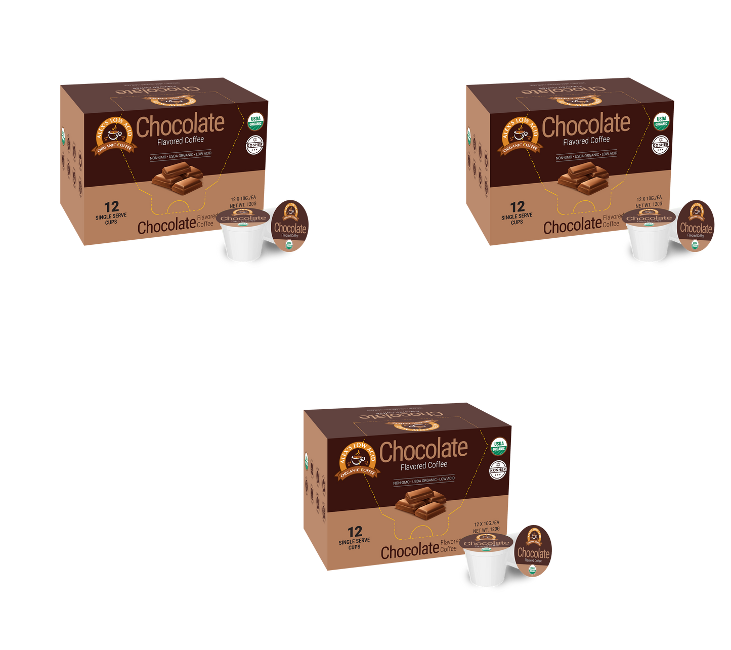 Three identical Alex's Low Acid Organic Coffee™ Single Serve Flavored Cups - Chocolate by Alex's Low-Acid Organic Coffee, each with one pod and pieces of chocolate, are displayed on a white background—ideal for a rich, low acid coffee experience.