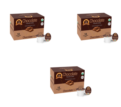 Three identical Alex's Low Acid Organic Coffee™ Single Serve Flavored Cups - Chocolate by Alex's Low-Acid Organic Coffee, each with one pod and pieces of chocolate, are displayed on a white background—ideal for a rich, low acid coffee experience.