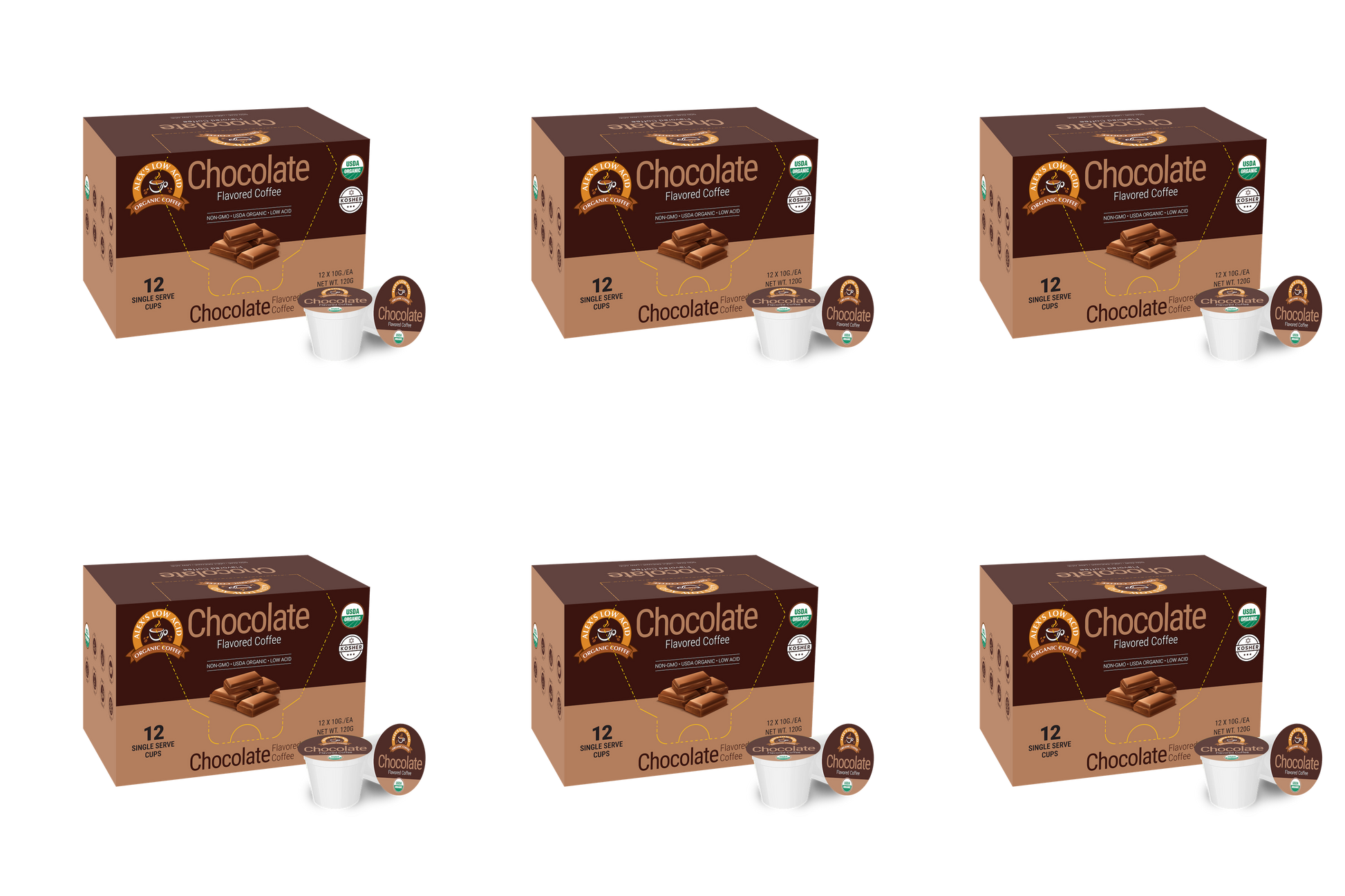 Six boxes of Alex's Low Acid Organic Coffee™ Single Serve Flavored Cups - Chocolate by Alex's Low-Acid Organic Coffee are arranged in two rows of three, each box showing chocolate pieces and a pod next to a white coffee mug.