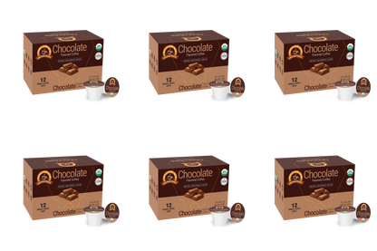 Six boxes of Alex's Low Acid Organic Coffee™ Single Serve Flavored Cups - Chocolate by Alex's Low-Acid Organic Coffee are arranged in two rows of three, each box showing chocolate pieces and a pod next to a white coffee mug.