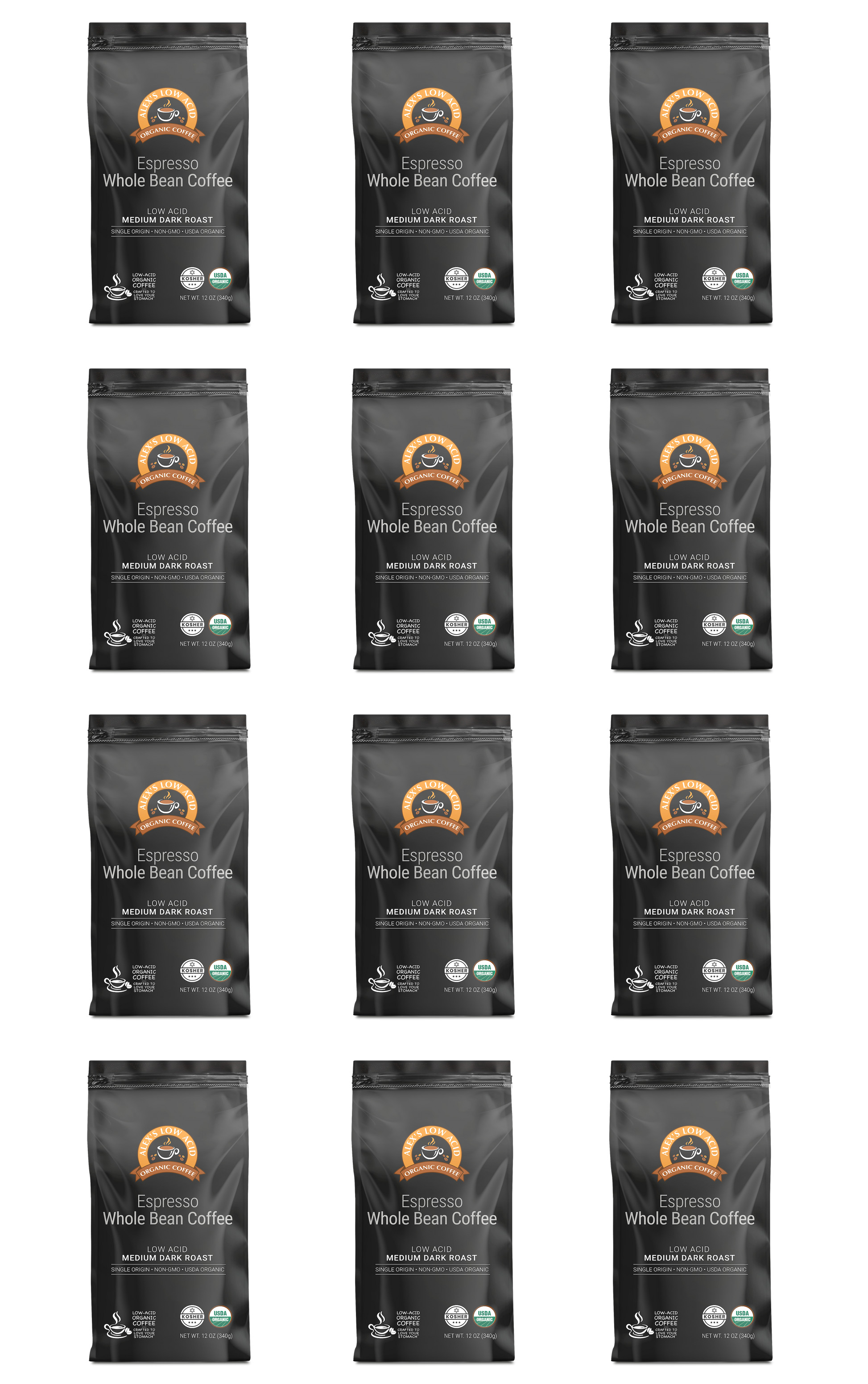 Twelve identical bags of Alex's Low Acid Organic Coffee™ - Espresso Whole Bean (12oz) by Alex's Low Acid Coffee are arranged in a 3x4 grid on a white background, each black bag displaying orange and green labels with organic certification and details.
